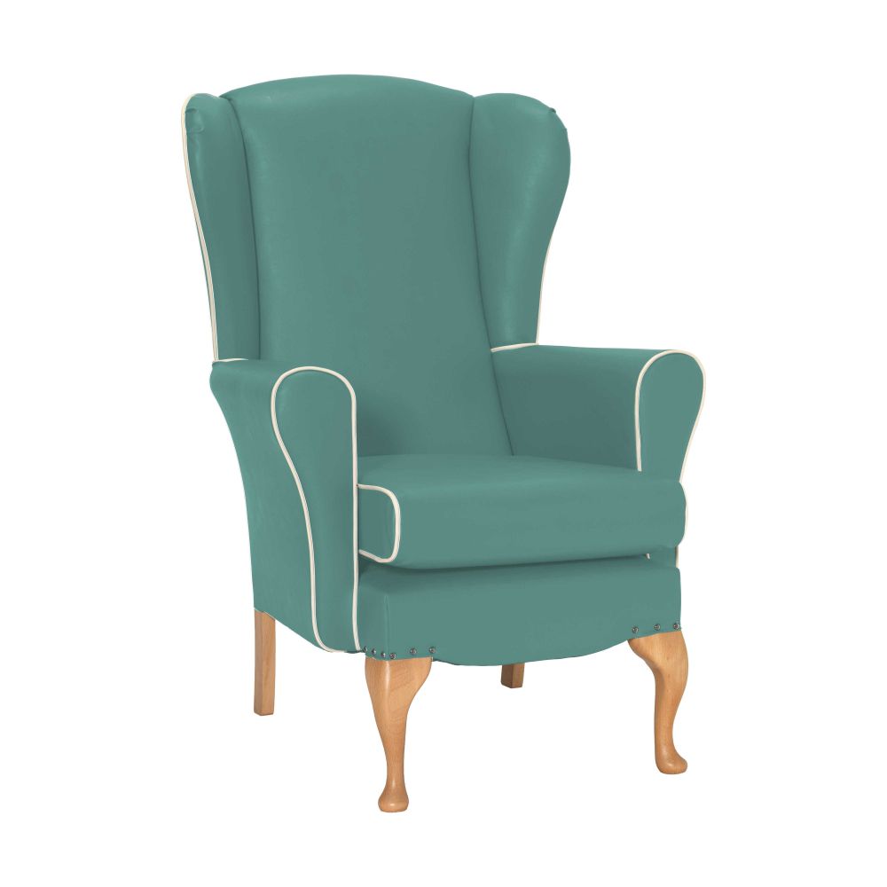 Dunbridge High Back Queen Anne Chair in Zest Duckegg Blue Vinyl with Cream Vinyl Piping