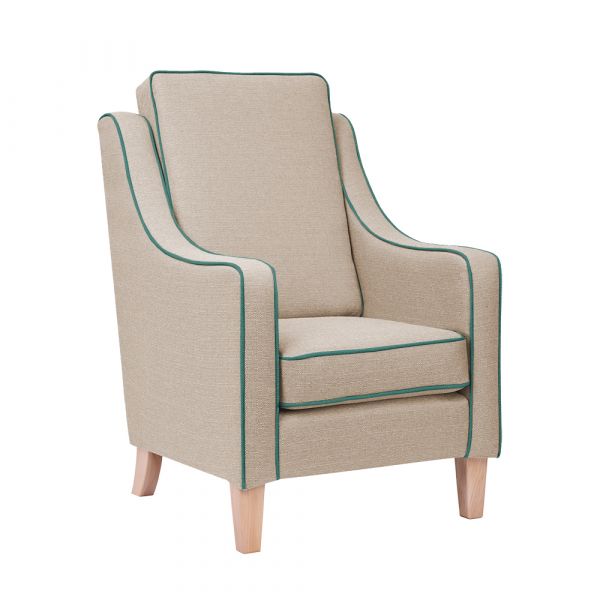 Vinyl: Burley High Cushion Back Armchair in Fleck Limestone with Sark Ocean piping