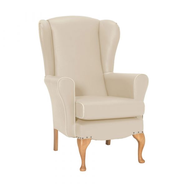 Dunbridge High Back Queen Anne Chair in Edison Cream with Cream Vinyl Piping