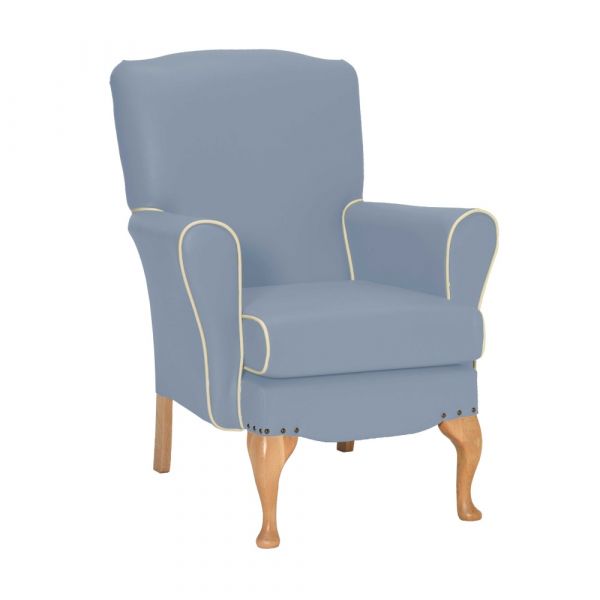 Dunbridge Medium Back Queen Anne Chair in Zest Sky Vinyl with Cream Vinyl Piping