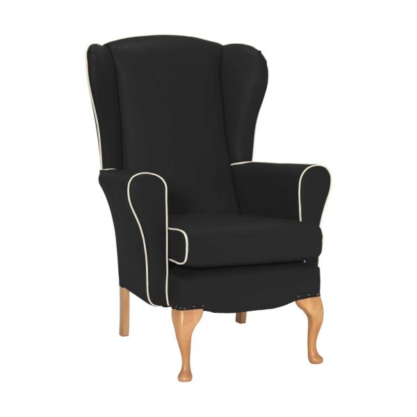 Dunbridge High Back Queen Anne Chair in Zest Black Vinyl with Cream Vinyl Piping