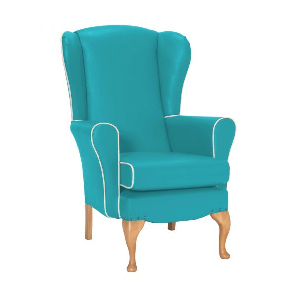 Dunbridge High Back Queen Anne Chair in Zest Turquoise Vinyl with Cream Vinyl Piping