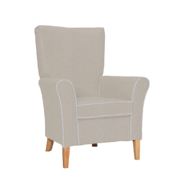 Cranborne High Back Armchair in Tones Pebble with Piping and Buttons in Tones Silver