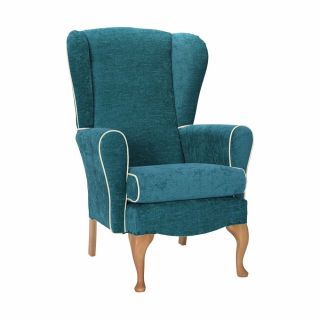 Dunbridge High Back Queen Anne Chair in Darcy Ocean Soft Feel with Cream Vinyl Piping