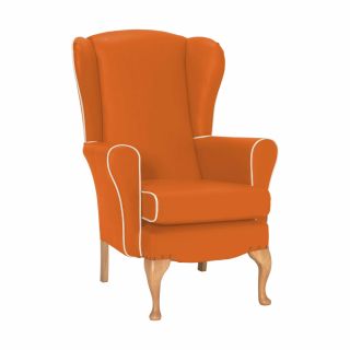 Dunbridge High Back Queen Anne Chair in Zest Tangerine Vinyl with Cream Vinyl Piping